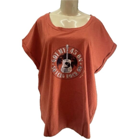 Sheryl Crow +2X Burnt Orange Got my 45 On Gutiar Graphic Rolled Short Sleeve Tee - Picture 2 of 6
